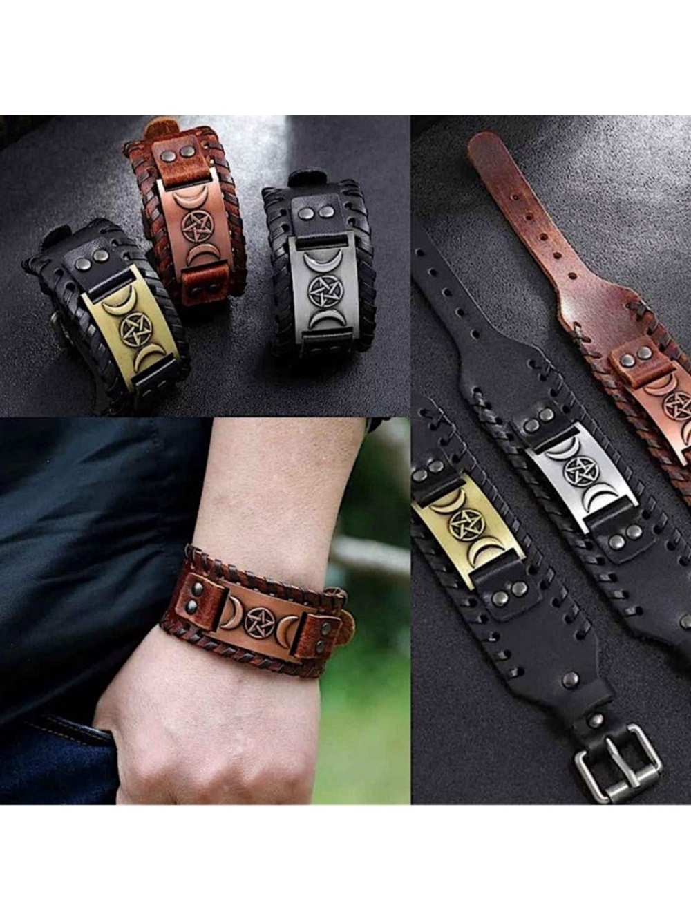 Viking Leather Cuff Bracelet Of Triple Moon 11” Long Brown